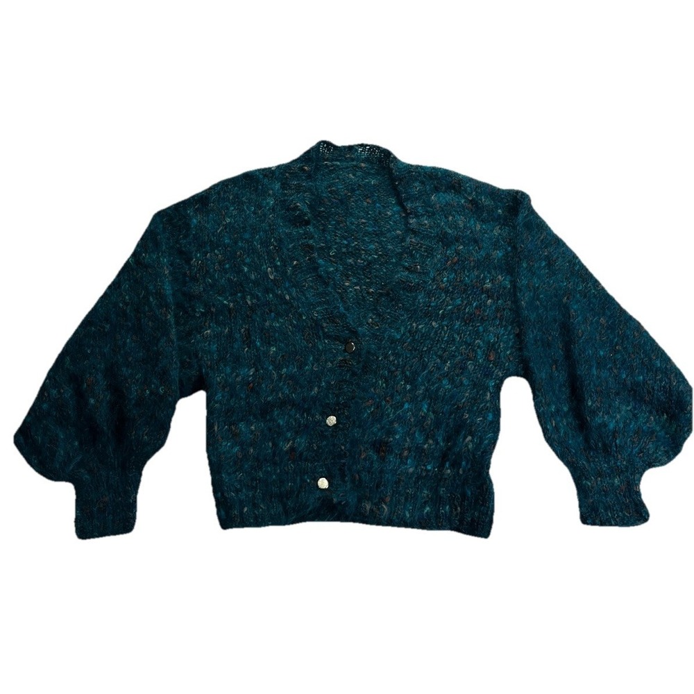 Hand Knit Cardigan Sweater Italian Mohair Wool Teal Chunky‎ Luxe Womens L- VTG